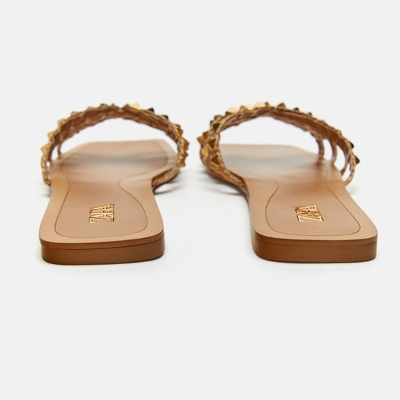 NWT. Zara Brown Strappy Flat Slider Sandals with Stud Details. Size 8. - Picture 5 of 7